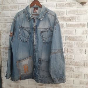 Vintage Rocawear XL Jean Jacket Embroidered Logo 4 pocket Old School